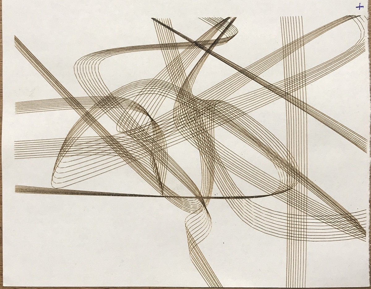 A series of curves that look as if they were dancing, burnt onto a piece of paper with a laser cutter.