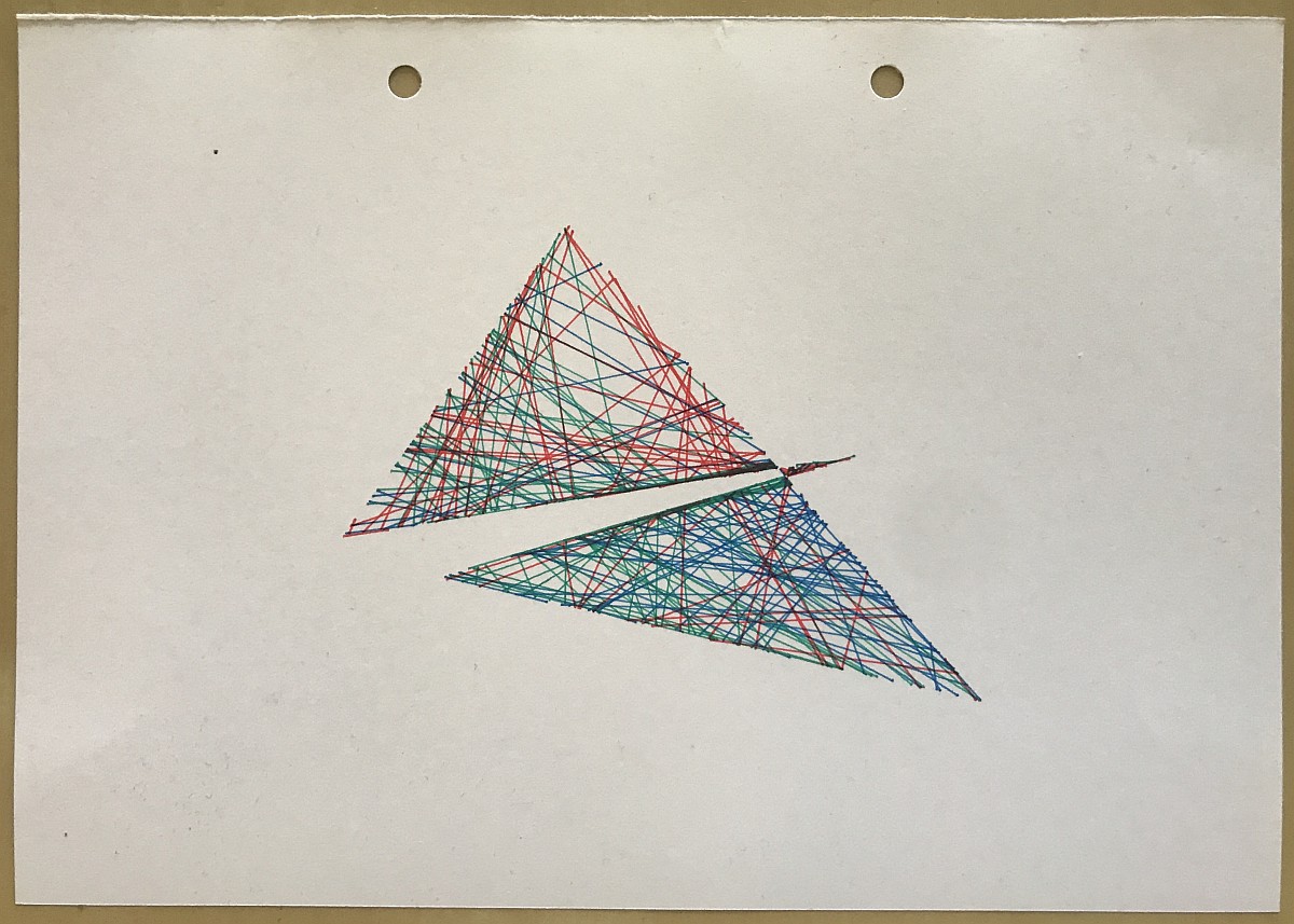 Plotter drawing of a self-intersecting polygon of five vertices, filled with crisscrossing random lines of different colors.