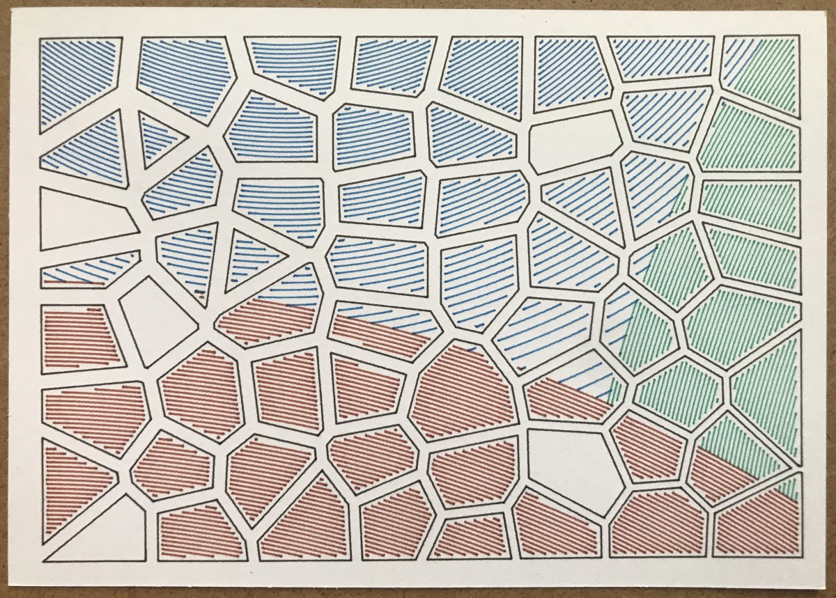 Abstract plotter drawing of 63 irregularly shaped polygonal cells, with brown, green and blue regions in the back drawn as arcs.
