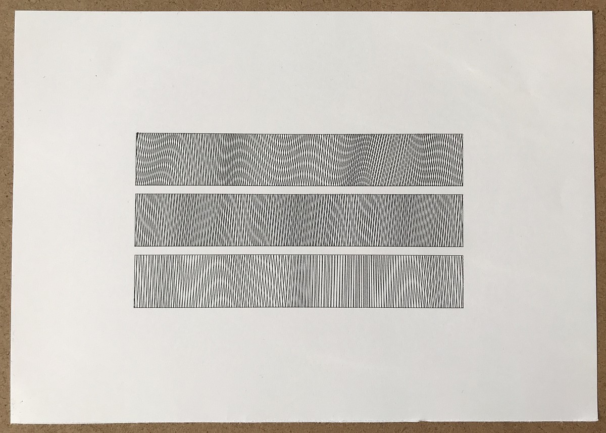 Plotter drawing with two sets of lines at a slightly different angle and spacing, producing a Moiré effect.