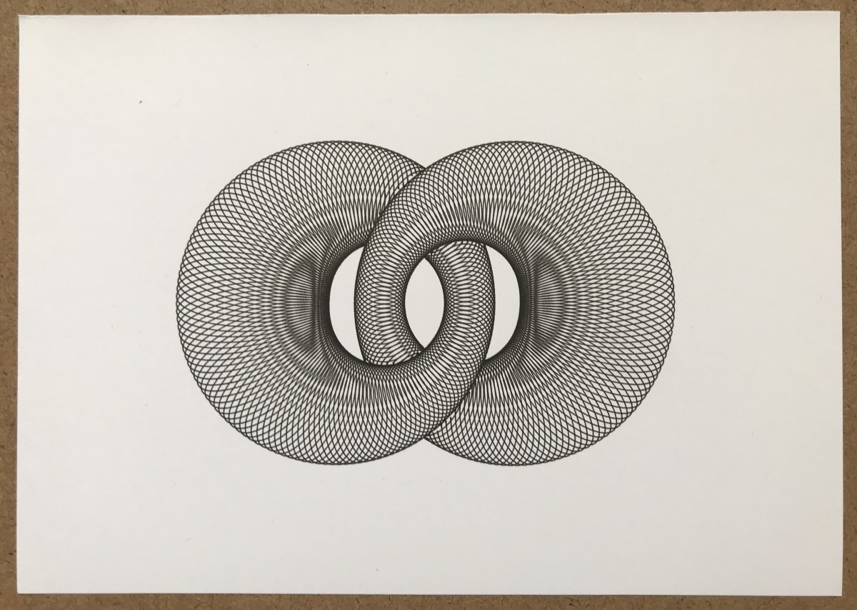 Plotter drawing of a multitude of ellipses. Together they form two assymetric, interlocking ring-like objects with a moiré effect on their surface.