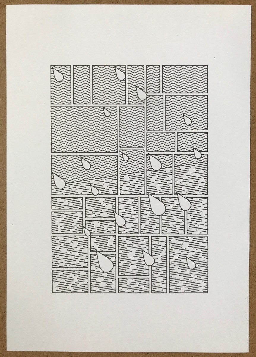 Plotter drawing of various unevenly sized rectangles with raindrop-like shapes in front of them, and a patter of waves and lines in the background.