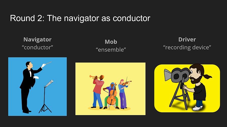Slide illustrating 'Navigator as a conductor,' with images of a tuxedoed conductor, a small classical orchestra, and a pony-tailed cameraman.