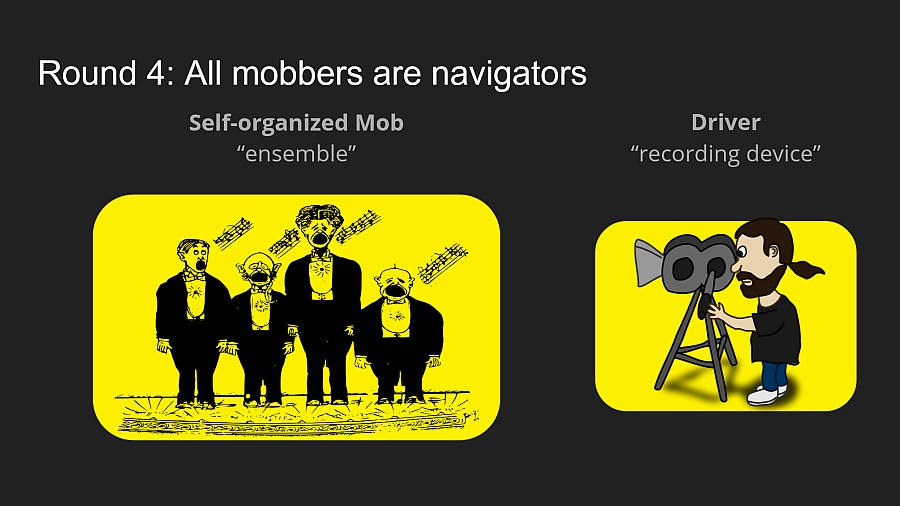 Slide illustrating a 'self-organized mob,' with images of a choir singing with funny facial expressions, and our well-known pony-tailed cameraman.