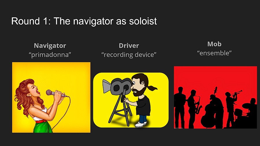 Slide illustrating 'Navigator as a soloist,' with images of a primadonna, a pony-tailed cameraman, and a small orchestra.