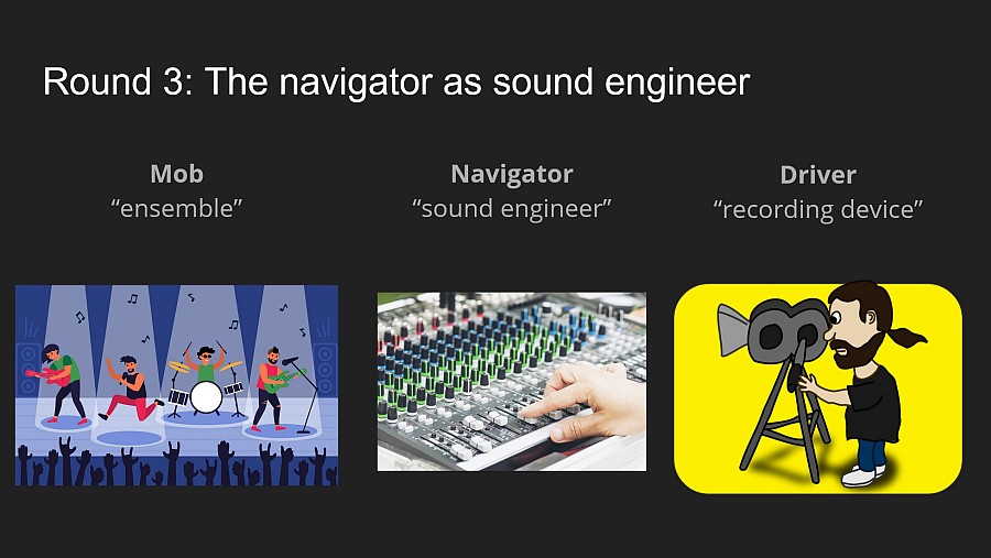 Slide illustrating 'Navigator as a sound engineer,' with images of a rock band, and hand on an audio mixer, and a pony-tailed cameraman.