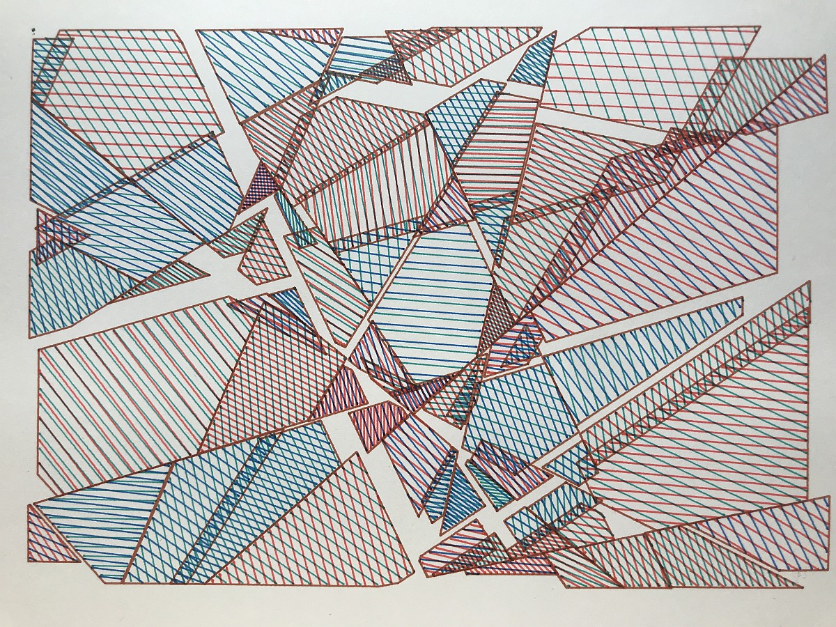 Abstract plotter drawing of a rectangle repeatedly cut across and shifted along diagonal lines, giving the impression of broken glass.