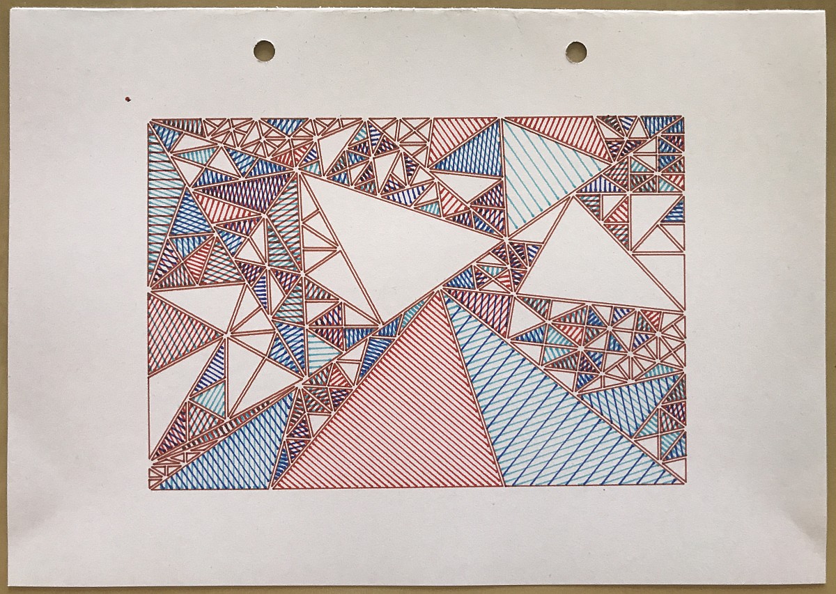Plotter drawing of a rectangle's recursive triangle subdivision, with colorful hatch filling in some of the triangles.