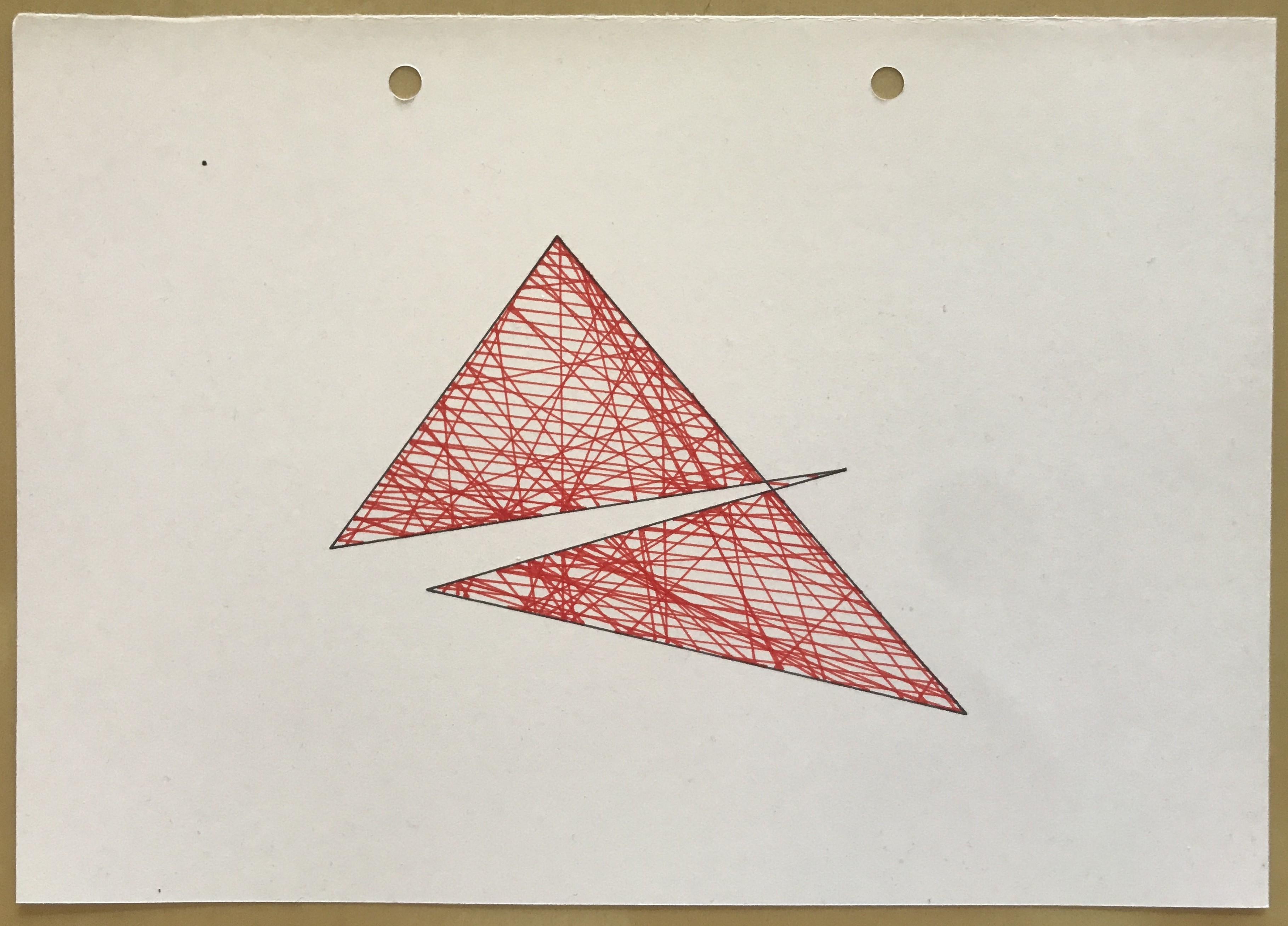 Plotter drawing of a self-intersecting polygon of five vertices, filled with crisscrossing random red lines.