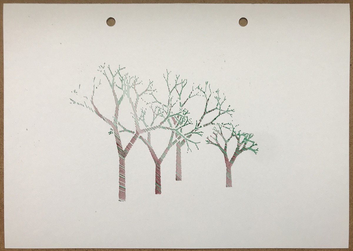 Four trees of slightly different shapes and sizes, filled with brown lines at the bottom and green lines at the top.