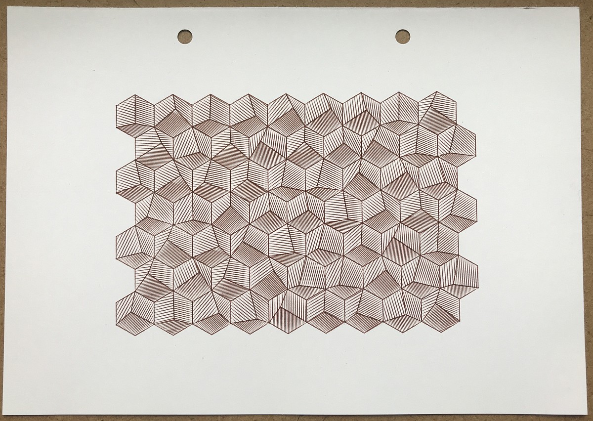 A collection of hexagons with filler lines that create the impression of a slightly irregular crystalline surface.