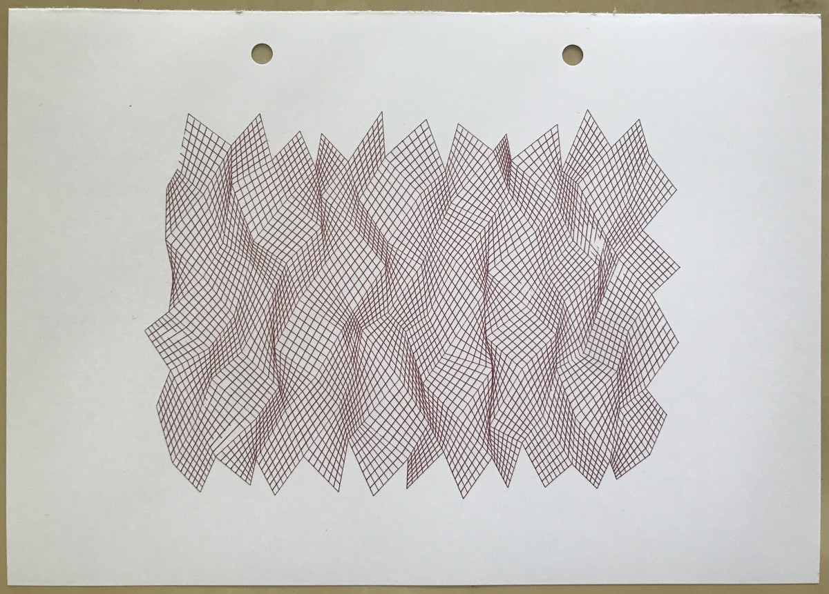 Abstract plotter drawing in dark red, resembling an irregular crystalline surface.