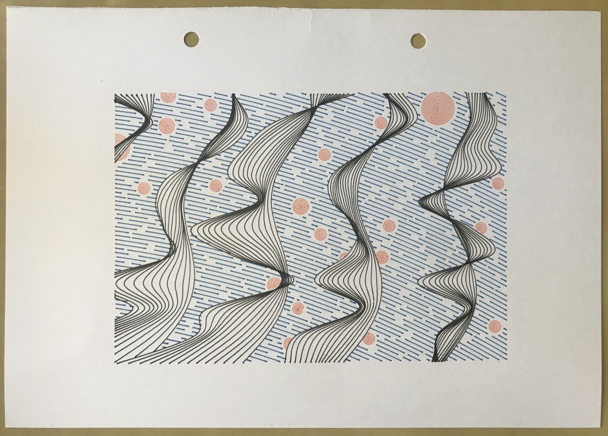 Abstract plotter drawing resembling loosely waving curtains in front of a blue sky with red circles for planets or stars.