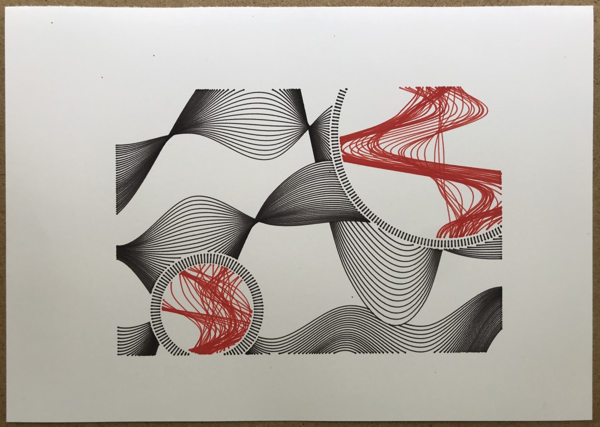 Abstract drawing of black curves going left to right, and red curves within two circles going top to bottom.