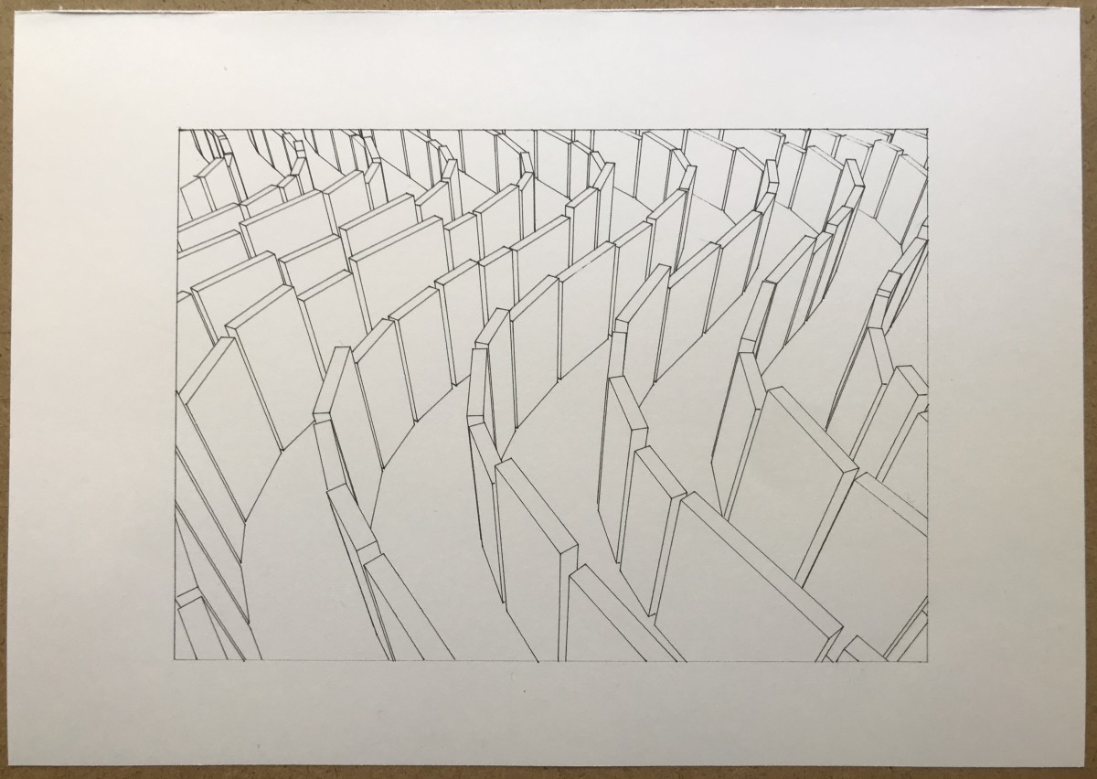 Line drawing of elongated cubes standing upright, resembling wall segments arranged in a winding pattern.
