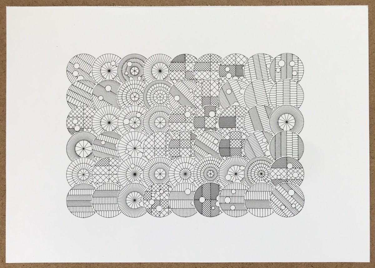 Plotter drawing of 6 by 9 slightly overlapping circles, with alternating hatch-filled patterns or smaller concentric circles inside them.