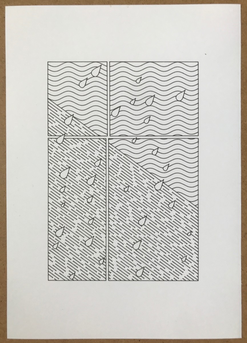 Plotter drawing of various unevenly sized rectangles with raindrop-like shapes in front of them, and a patter of waves and lines in the background.