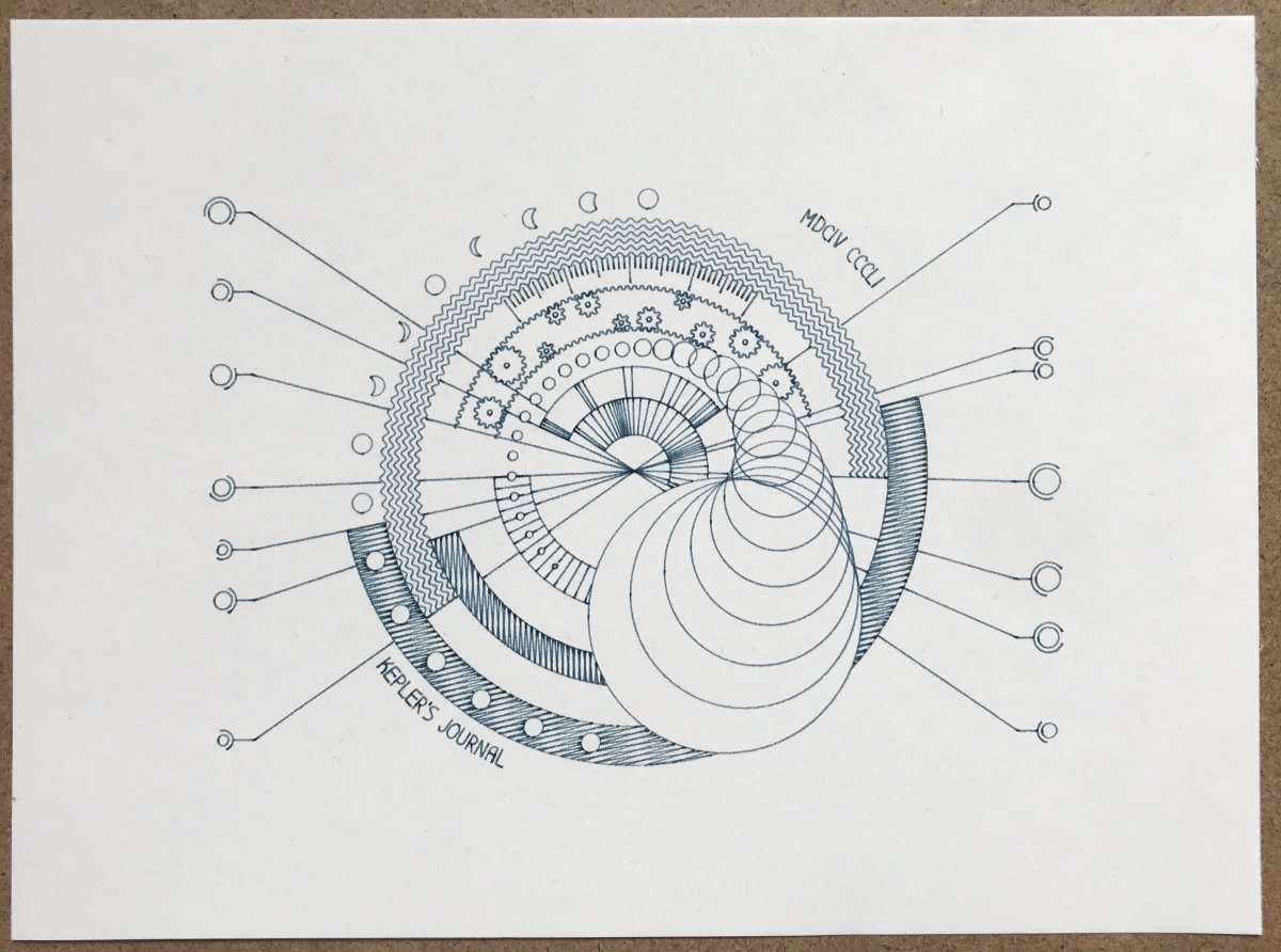 Plotter drawing of of concentric cirlces and various geometric patterns, reminiscent of an old celestial calendar.