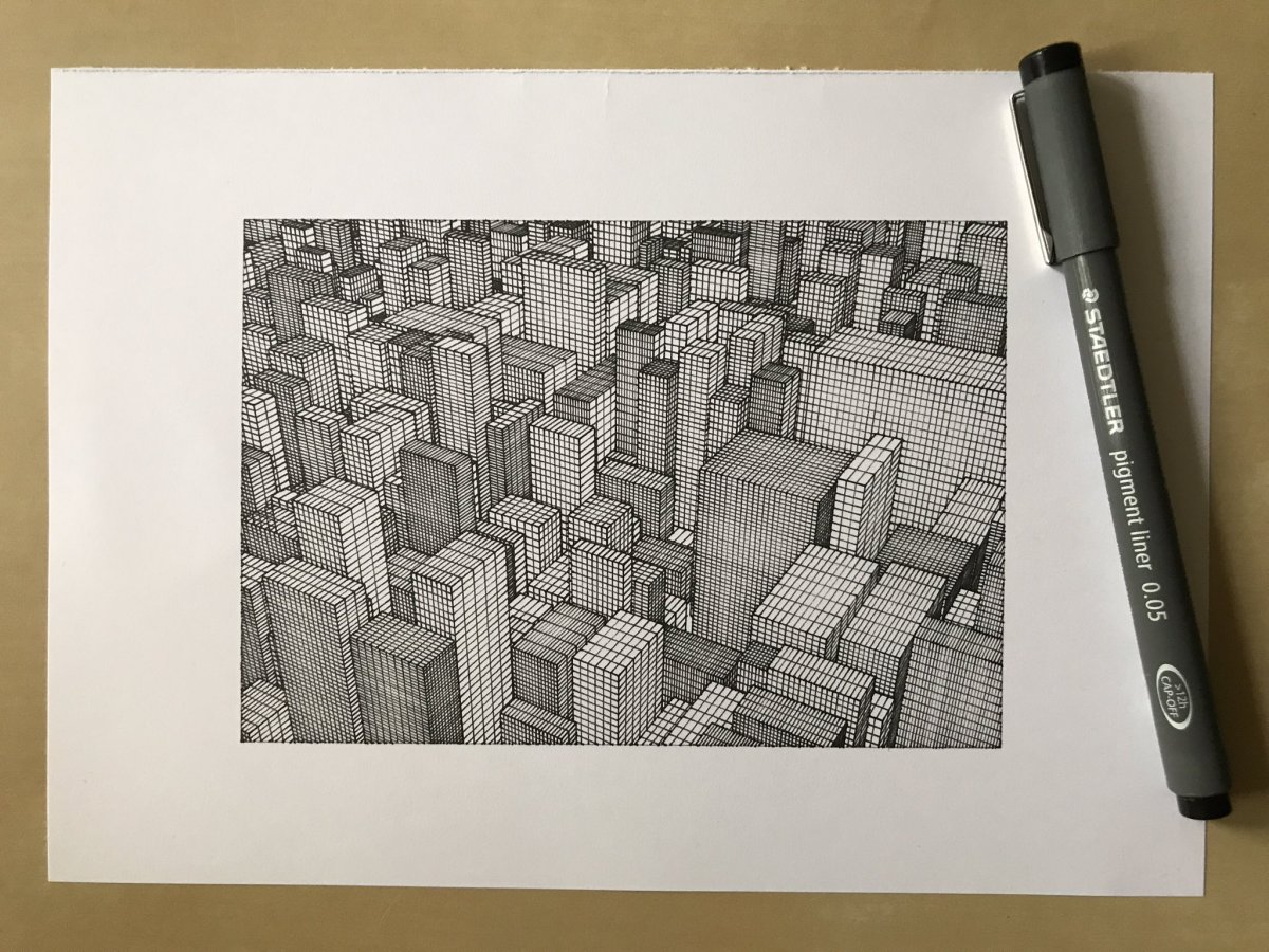 Perspective view of an endless-looking series of cubes, resembling a somewhat dystopic cityscape.
