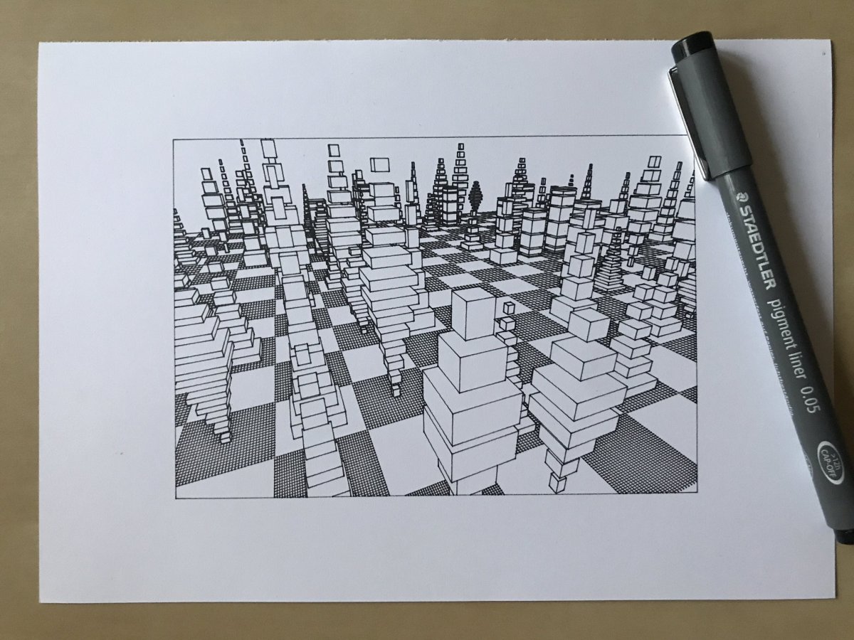 View of a checkered field with shapes vaguely resembling abstract chess figures hovering over some squares.